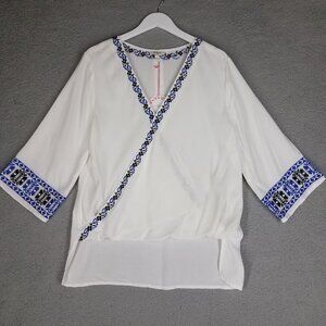 NEW Umgee Blouse Women's Large White Embroidered Boho High-Low Faux Wrap Casual